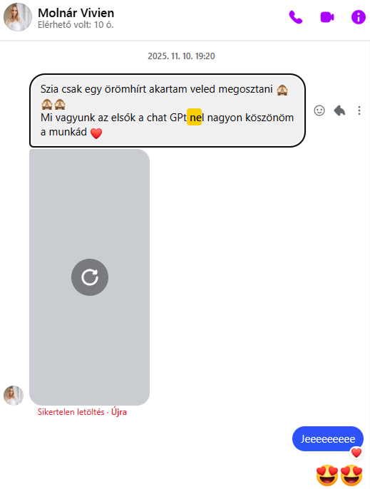 Messenger-beszélgetés képernyőképe: egy ügyfél megköszöni a munkát, mert a vállalkozása az elsők között jelenik meg a ChatGPT válaszaiban