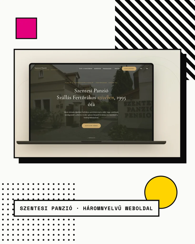 A Szentesi Panzió háromnyelvű weboldala laptop képernyőjén