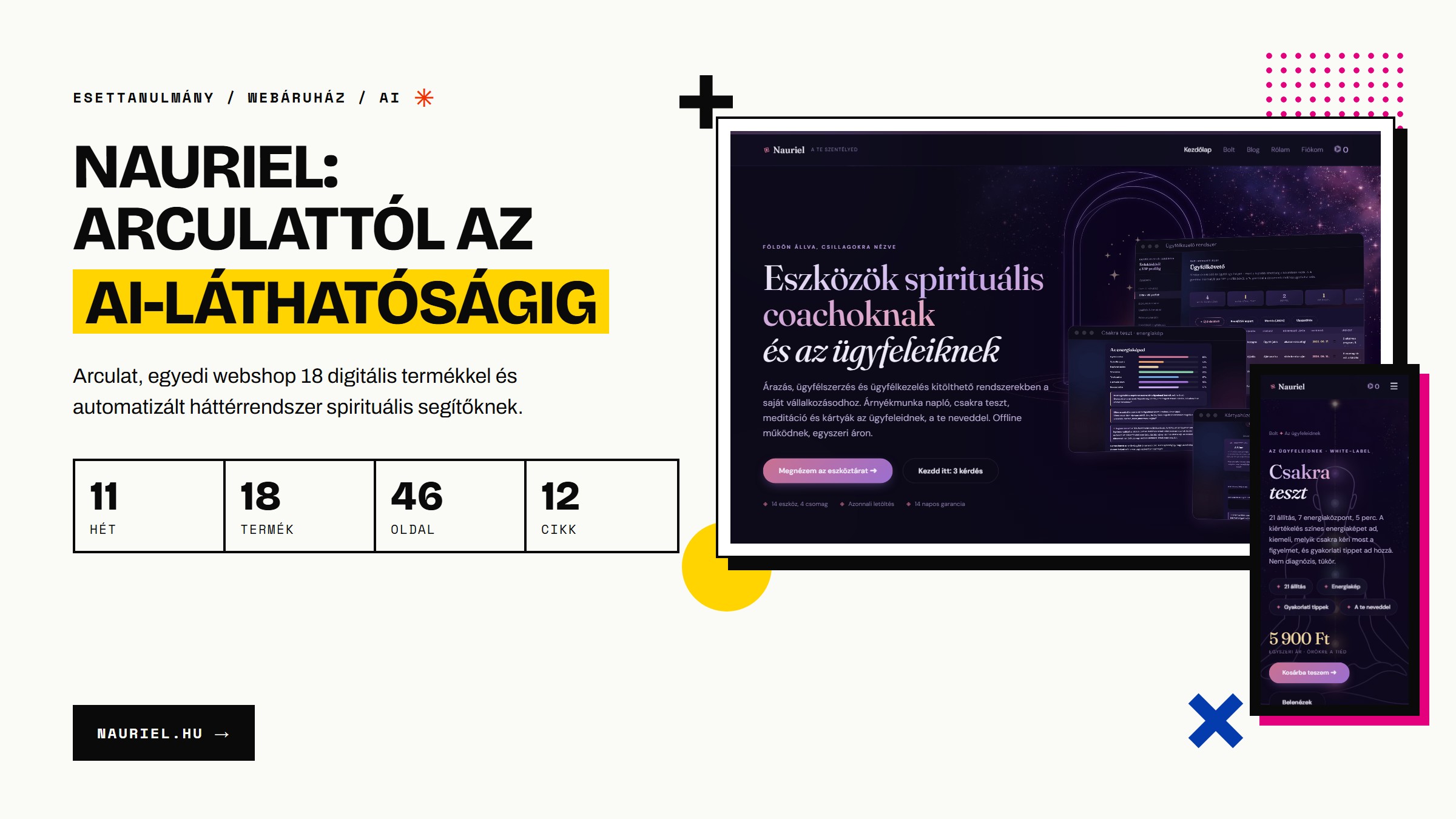 A Nauriel weboldala laptopon és mobilon: a főoldal és a Csakra teszt termékoldala